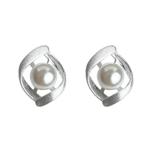 Minimalist brushed silver geometric pearl stud earrings for women elegant jewelry