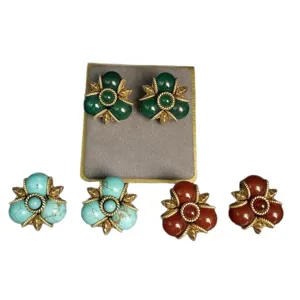 Pendientes de trebol piedra preciosa vintage chapado oro verde rojo turquesa mujer