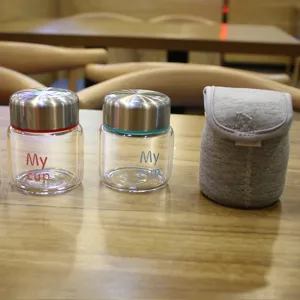 Mini glass water cup set portable cute student tea cup with metal lid and fabric pouch