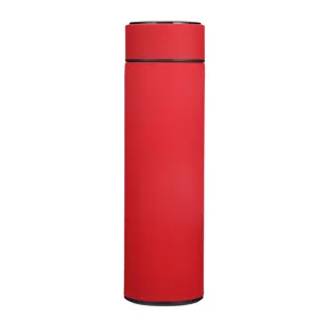 Smart stainless steel vacuum insulated water bottle with LED temperature display in matte red.