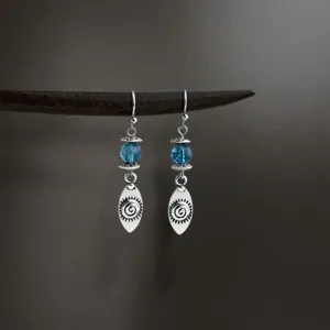 Vintage silver dangle earrings with blue beads and sun pattern for women retro jewelry gift