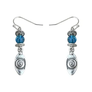 Vintage bohemian silver drop earrings with blue crackle glass beads and sun charms for women.