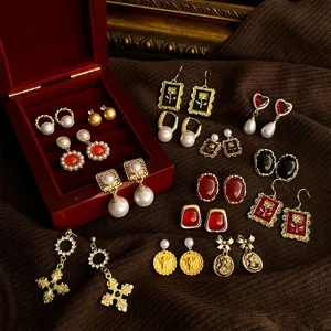 French vintage style Ancora red pearl and gold geometric earrings set retro luxury jewelry women