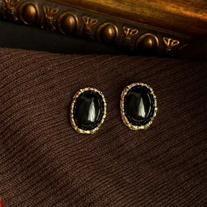 French vintage style oval black stone gold textured earrings for women elegant retro jewelry