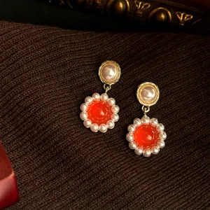 French vintage style red stone pearl drop earrings elegant retro geometric design jewelry detail view