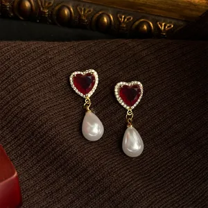 Vintage red heart crystal pearl drop earrings French retro style elegant luxury women jewelry