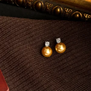 French vintage golden pearl earrings with sparkling crystal stud for women elegant jewelry