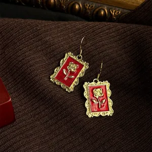 French vintage red geometric earrings with gold rose frame, elegant chic jewelry for modern women.