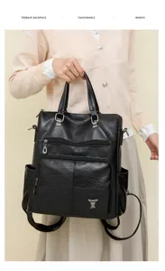 Women black PU leather backpack large capacity casual travel school bag vintage style handbag