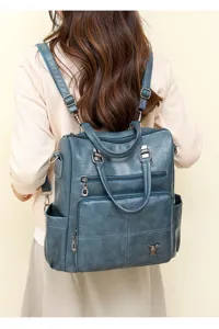 Detailed view of the women's vintage PU leather soft backpack, casual travel daypack.