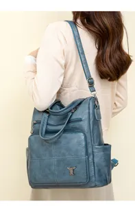Blue PU leather women backpack retro casual large capacity stylish shoulder bag daily travel.