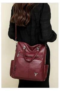 Casual PU leather backpack for women, large capacity vintage travel school shoulder bag.