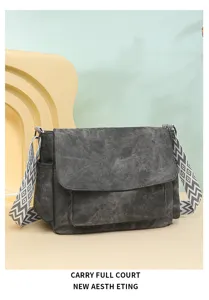 Women canvas messenger bag casual crossbody shoulder bag with wide geometric strap large capacity