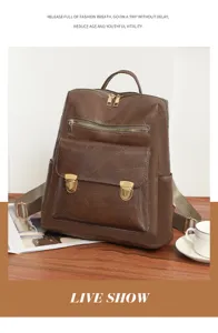Details des vintage Damen PU Leder Rucksacks, stylischer Freizeit Reise Tagesrucksack.