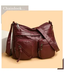 Vintage multi-pocket casual shoulder crossbody bag for women, large capacity daily use.