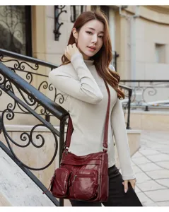 Women vintage crossbody bag multi-pocket casual shoulder bag detailed scene view