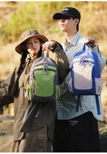 Outdoor travel color-blocked casual backpack detail showing large capacity and multiple pockets.