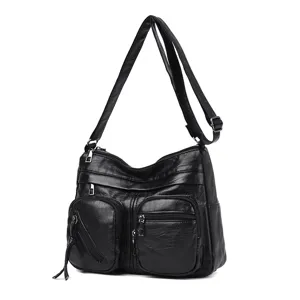 Women Fashion Vintage Crossbody Bag PU Leather Waterproof Multi Pocket Casual Shoulder Bag