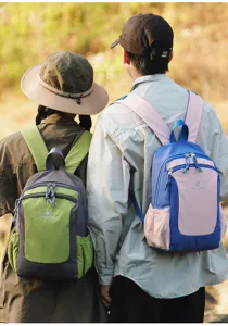 Outdoor travel color-matching casual backpack detail showing straps and side pockets.