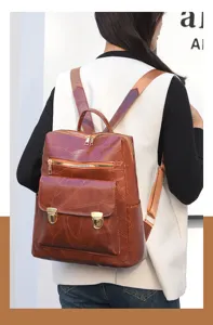 Retro brauner Damen Rucksack mit Blattmuster, grosse Kapazitaet taegliche Freizeittasche.