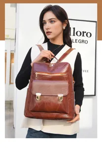Detailansicht des stilvollen Damen Vintage PU Lederrucksacks mit mehreren funktionalen Taschen.