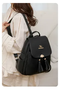 Γυναικεία μαύρη τσάντα πλάτης μόδας PU δέρμα casual σχολική κομψή φούντα καθημερινή