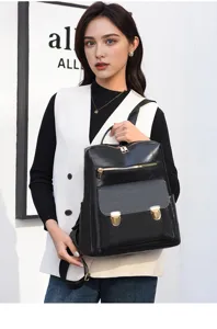 Modischer Damen Rucksack aus schwarzem PU Leder für Freizeit Alltag und Reisen groß.