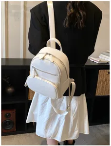 Women's white casual small backpack stylish PU leather daily shoulder bag with zippers