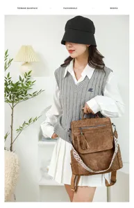 Vista ravvicinata dello zaino marrone casual con nappe eleganti e dettagli delle cinghie.