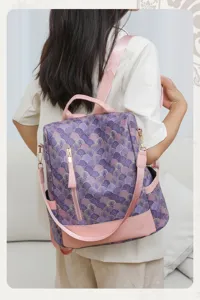 Damen chinesischer Stil Rucksack mit lila Fächer Muster, elegante lässige Tasche für Mädchen.