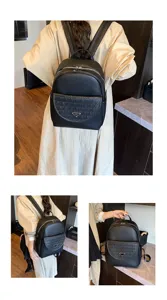 Black PU leather backpack for women, stylish travel daypack with geometric front pocket.