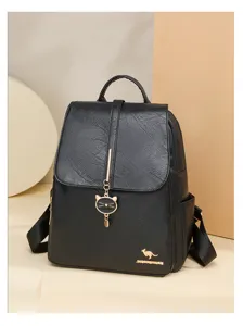 Chic black PU leather women backpack with cute cat pendant, retro large capacity travel bag.