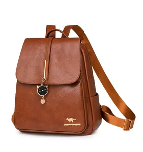 Vintage brown PU leather backpack for women, stylish large capacity travel school book bag.