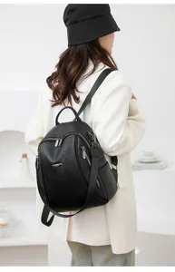 Women casual black leather backpack large capacity commuter school daily travel bag details