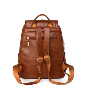 Detail view of brown vintage women's PU leather backpack showing straps and back zipper pocket.