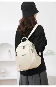Women backpack casual beige leather travel daypack stylish commute school bag daily use