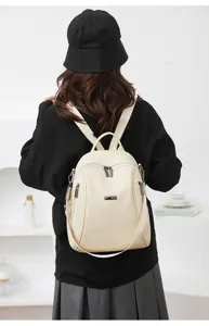 Women casual leather backpack daily commuter stylish travel daypack off-white chic bookbag purse