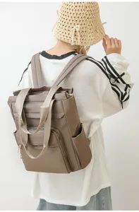 Detail shot of a large capacity oxford cloth backpack with multiple functional pockets.