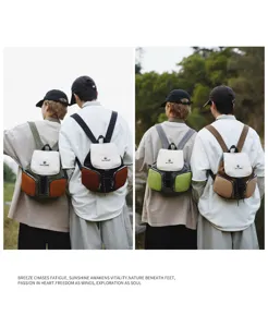 Outdoor lifestyle detail view of casual nylon backpack with multi-pocket and flap design.