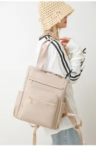 Beige convertible backpack and tote bag for women, large capacity oxford travel daypack.