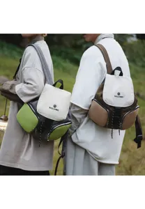 Backpack detail view showing multi-pocket design, durable nylon material and daily scene.