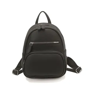 Classic black leather casual backpack for women, stylish daily school bag with multiple pockets.