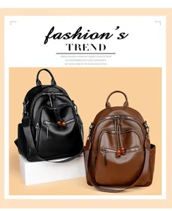 Detail view of stylish multi-functional leather backpack with zipper pockets and straps.