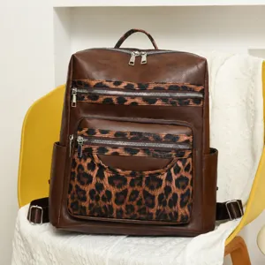 Modischer brauner Damen Leder Rucksack mit Leo Muster grosse Kapazitaet Freizeit Tasche