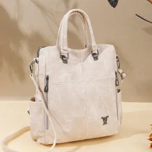 Women's multi-functional convertible leather backpack, casual stylish shoulder bag and handbag in beige.