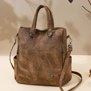 Women multi-functional backpack vintage brown leather shoulder bag casual convertible handbag
