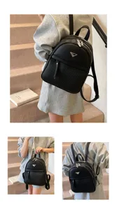 Stylish black PU leather women backpack with metal triangle plaque, casual travel daypack.