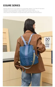 Stylish women nylon backpack detail view, featuring trendy quilted stitching and dual straps.