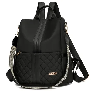 Stylish women black nylon backpack casual diamond quilted school daypack travel bag for daily.