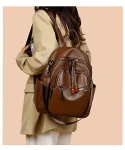 Women brown leather backpack multifunctional travel bag large capacity casual daypack fashion